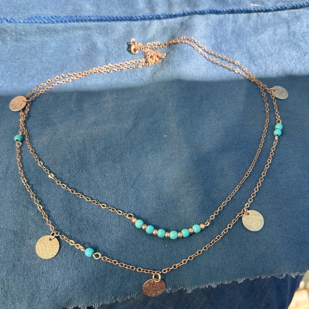 Pretty copper tone, faux turquoise, double strand necklace